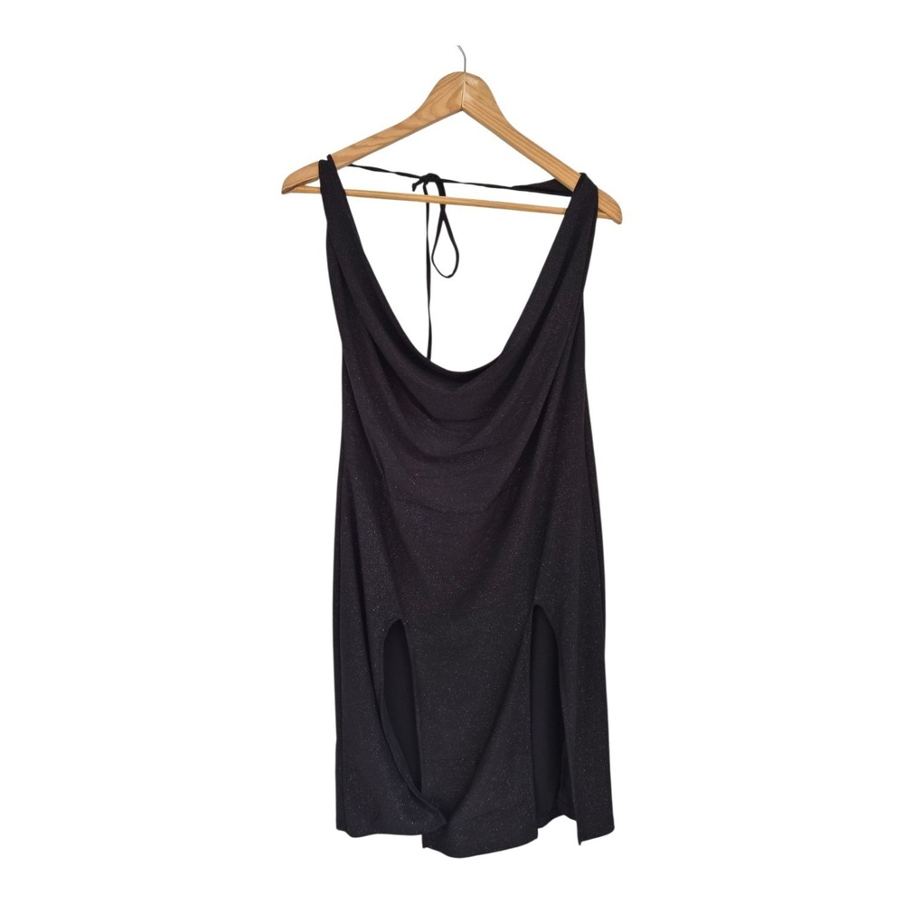 ROMA Black Glitter Cowl Neck Mini Dress Cutout Tie Back Y2K Clubwear Made USA
